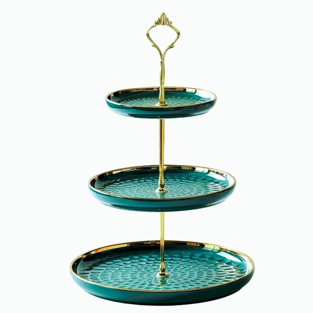 Eidoct 3 Tier Round Porcelain Tiered Cupcake Stand, Tiered Serving Stand, Dessert Stand, Serving Tray Platter for Tea Party, Wedding and Birthday (Green)