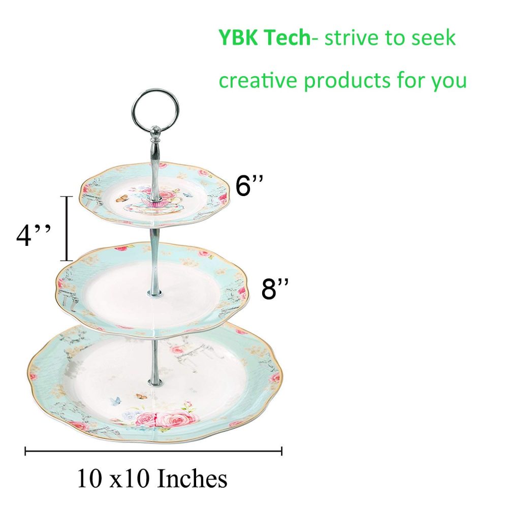 YBK Tech Vintage 3 Tier Porcelain Cake Stand Dessert Display Stand Cakes Platter Food Rack (Light Blue) - Image 3