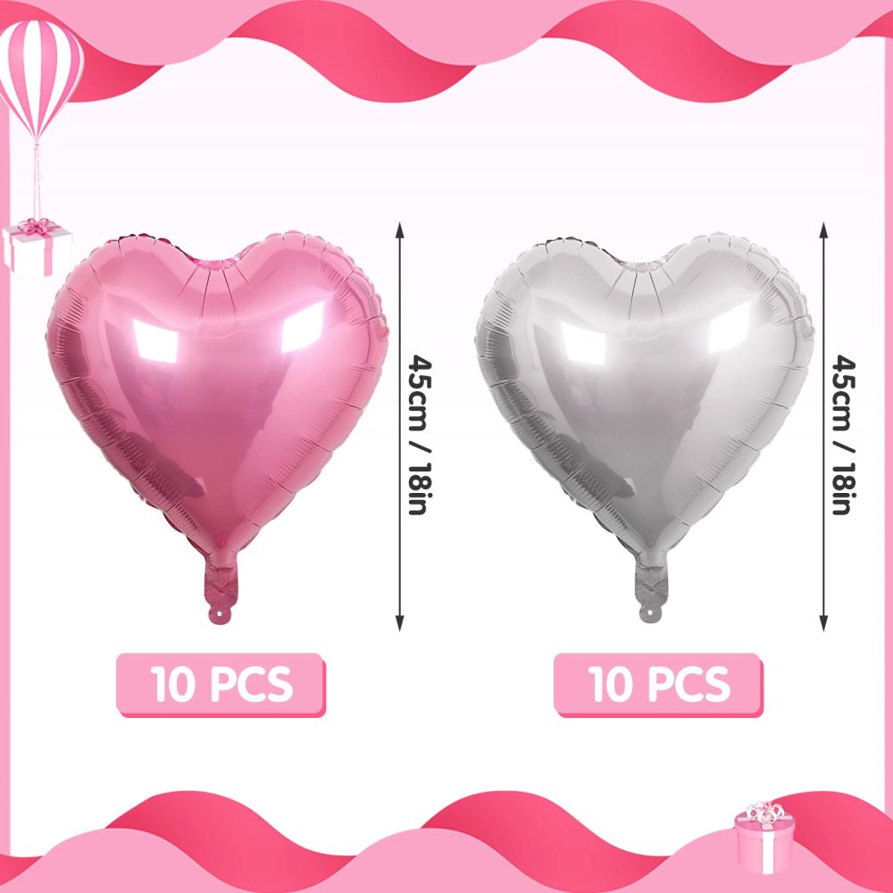 20PCS 46CM Heart Balloons Heart Foil Balloons Mylar Heart Balloons Metallic Aluminum Balloons Romantic Party Decor Balloons for Valentines Day Birthday Wedding Bridal Decor (pink silver) - Image 5