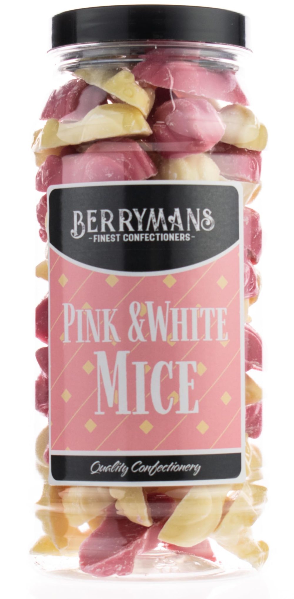 Original Pink and White Mice Strawberry & Cream Retro Sweets Gift Jar by Berrymans Sweet Shop - Classic Sweets, Traditional Taste.