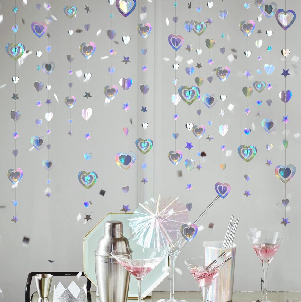 40 Ft Valentine's Day 3D Iridescent Heart Twinkle Star Garland Double Sided Holographic Paper Streamer for Anniversary Engagement Wedding Bridal Baby Shower Birthday Party Decorations (4 Packs) - Image 5