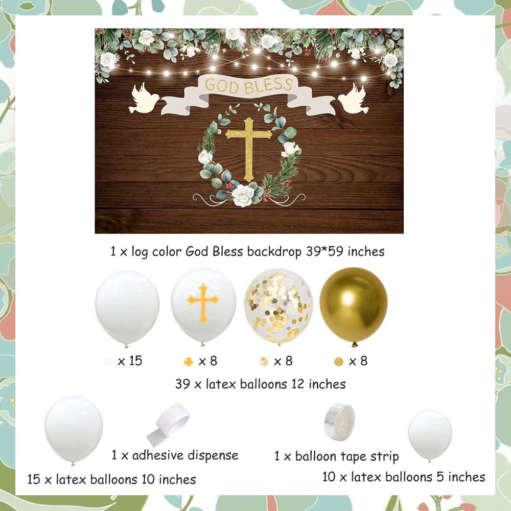 Baptism Party Decorations White and Gold First Holy Communion Decorations for Boys Girls Balloon Garland Kit with Rustic Wood Backdrop, God Bless Christening Decorations for Party - Image 5