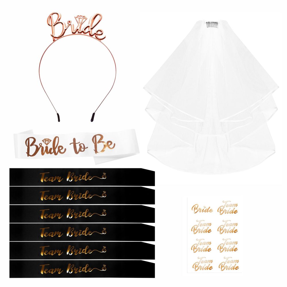 Hen Party Accessories Set of 10, Bride to Be Sash and Veil Tiara Team Bride Sash Tattoos - Wedding Bride Sash and Tiara Veil Hen Do Accessories for Bridal Shower Hen Party Decorations White + Black