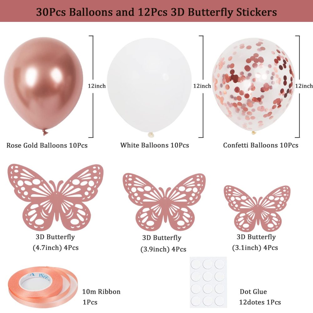 Rose Gold Balloons and Butterfly Stickers Set, 30 PCS 12 Inch Confetti Balloons, White and Rose Gold Balloons with 12 PCS Rose Gold Butterfly Stickers for Wedding, Birthday, Party Decorations - Image 7