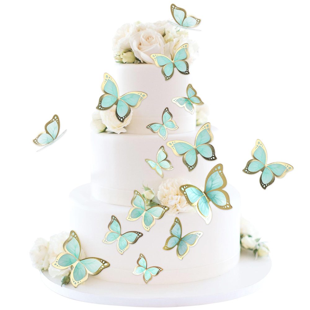 Blumomon 30Pcs 3D Butterfly Cake Topper Decorations Green Gold Edge Mixed Size Butterfly Cupcake Toppers Picks Wedding Baby Shower Party Wedding Anniversary Birthday Party Cupcake Decoration