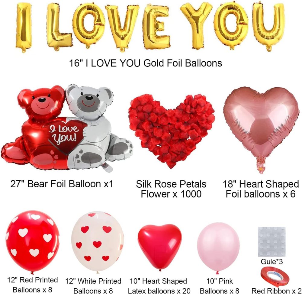 Valentines Day Balloons Kit with Heart Balloon Bear Balloon Pink Balloons I Love You Balloons 1000pcs Rose Petals for Valentines Decorations Anniversary Proposal Romantic Decorations Special Night - Image 5