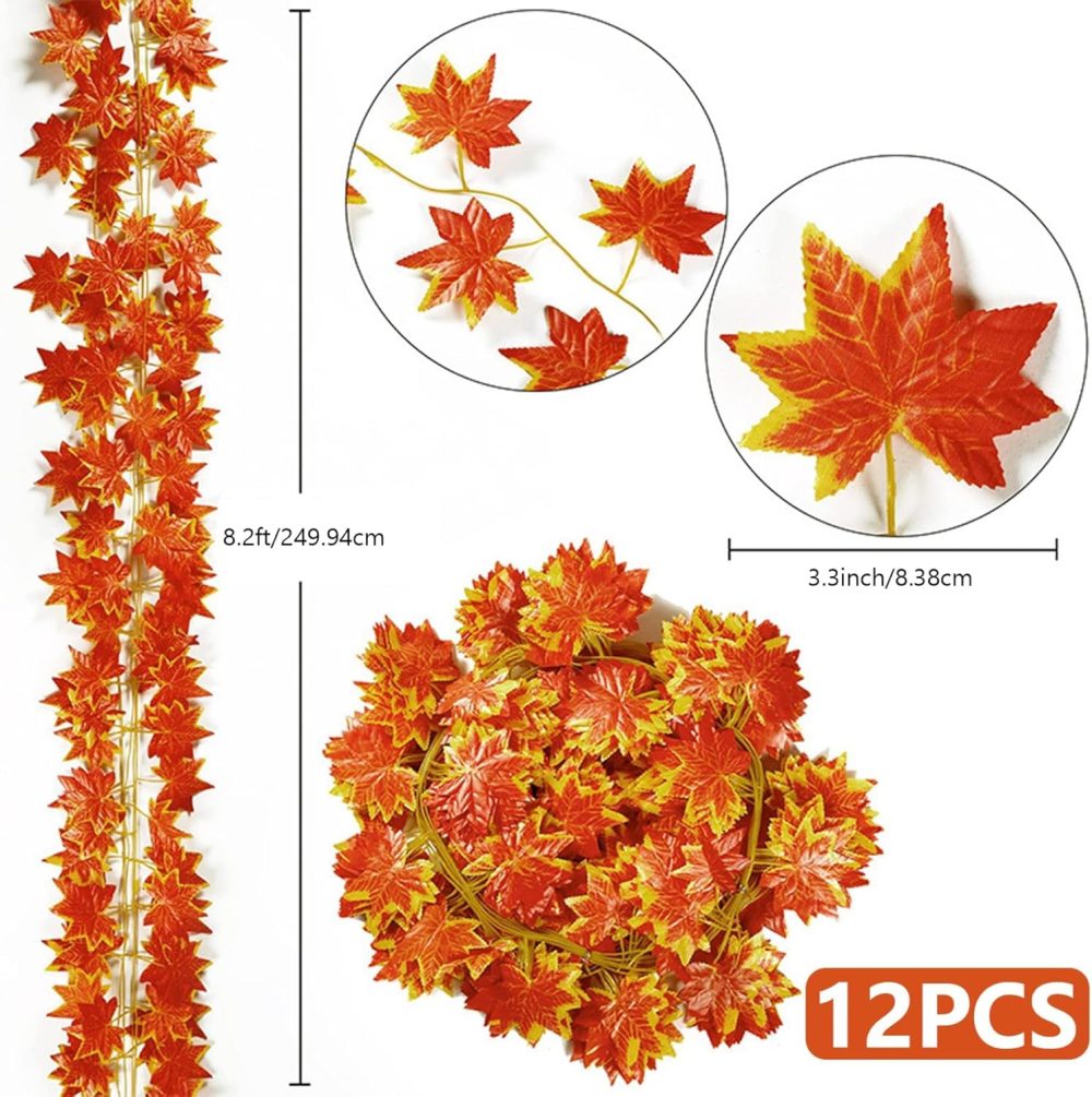 12 Pack Autumn Fall Leaf Garland, Autumn Decorations, Artificial Leaves, Hanging Fall Vines Maple Garland for Home Garden Wall Backdrop Fireplace Wedding Party Halloween Christmas Thanksgiving Decor - Image 7