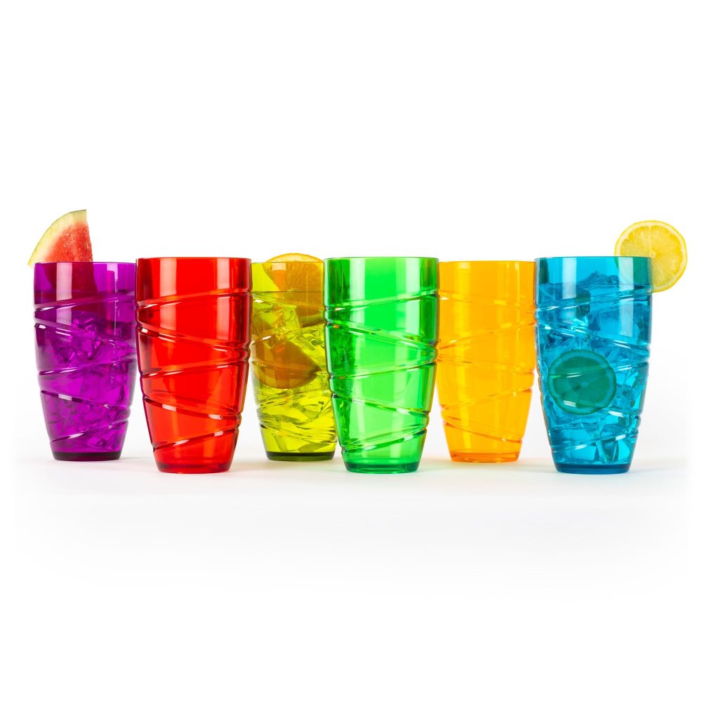 LIVIVO Set of 6 Hi Ball Plastic Acrylic Drink Tumblers with Swirl Design - Stackable Glasses Great for Picnics, BBQ’s, Poolside, Camping, Children’s Parties or Just Everyday Use (Set of 6, Colour)