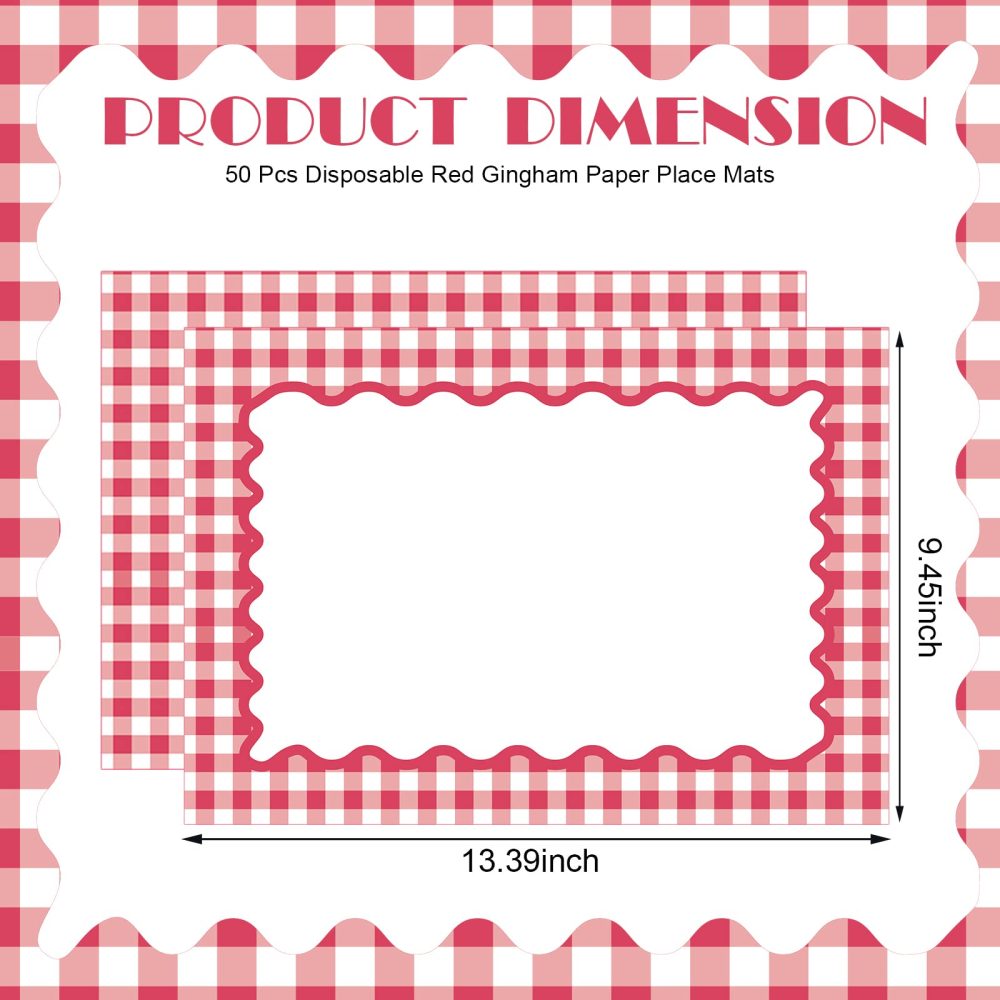 50 Disposable Red Gingham Paper Placemats Summer Checkered Picnic BBQ Paper Table Place Mat Double Sided for Baby Showers Weddings Birthday Tea Parties Dinner Table Setting Decorations - Image 7