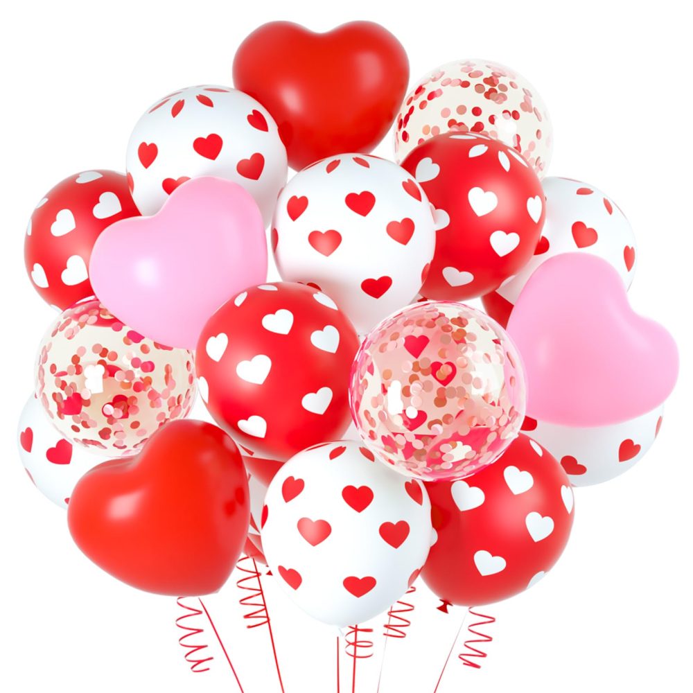 NEBURORA 60 Pieces Valentine's Day Pink and Red Heart Shaped Balloons Heart Print Balloons with Confetti Balloons Set with Ribbon for Valentine's Party Decorations Supplies