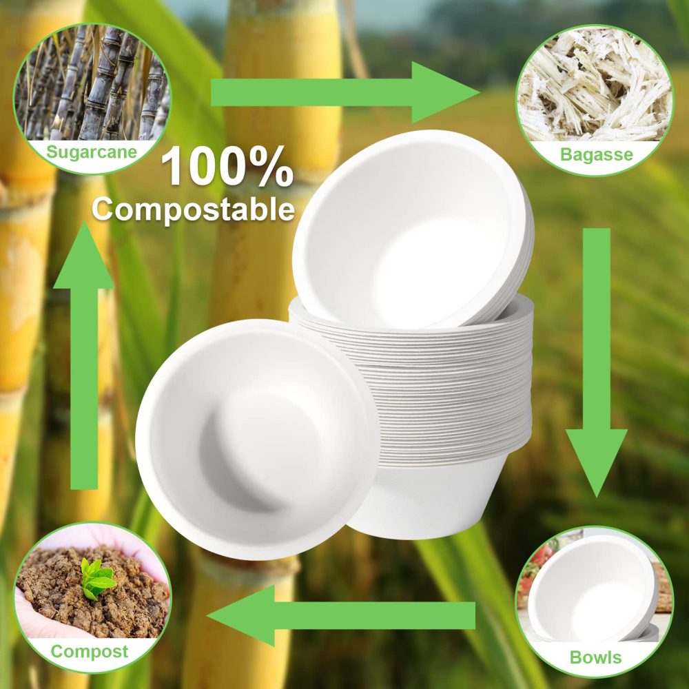 GREENESAGE 100 Pack Paper Bowls Disposable Bowls 9oz - Eco-Friendly, Sugarcane Strong White Bowls 100% Biodegradable and Compostable Soup Bowls for Party BBQ Picnic - Image 3