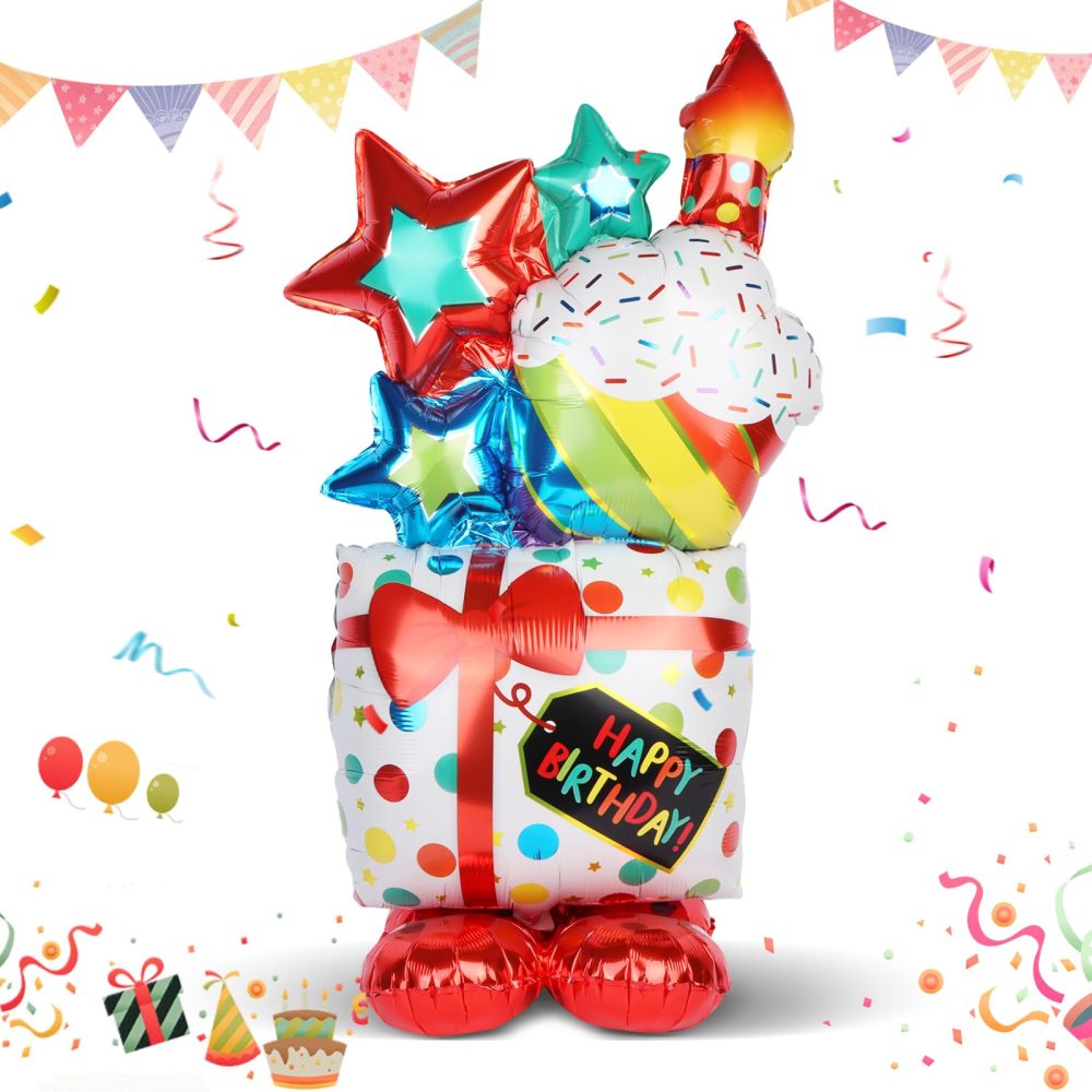 Happy Birthday Balloon Large Birthday Cake Balloon, Freestanding Birthday Balloon Standing Birthday Cake Balloons, Happy Birthday Foil Balloons for Helium Party Balloons for Birthday Decoration