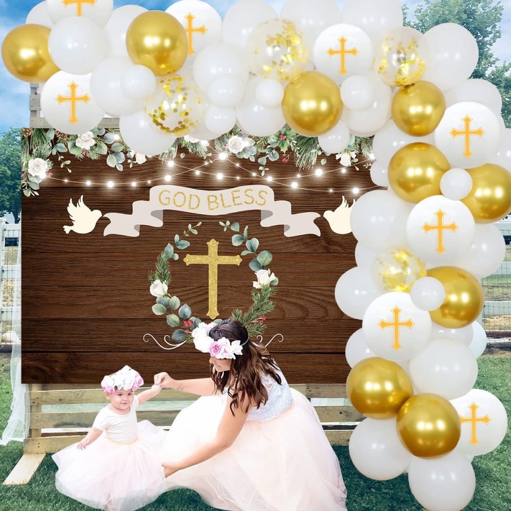 Baptism Party Decorations White and Gold First Holy Communion Decorations for Boys Girls Balloon Garland Kit with Rustic Wood Backdrop, God Bless Christening Decorations for Party - Image 4