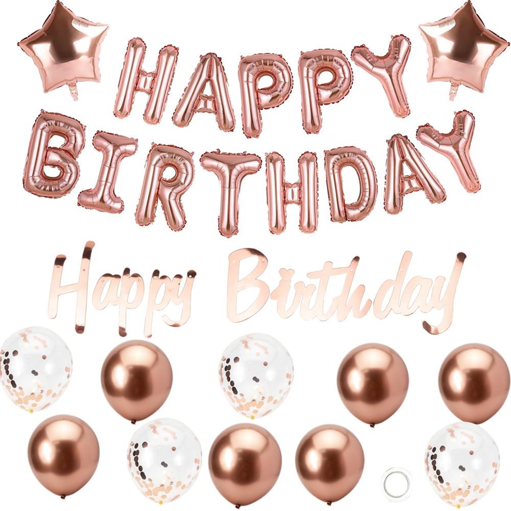 Happy Birthday Balloons, Rose Gold Happy Birthday Balloons Banner for Women Girls, Birthday Banner Foil Balloons Self Inflating with Latex Balloons Confetti Balloons for Happy Birtyday Decorations.