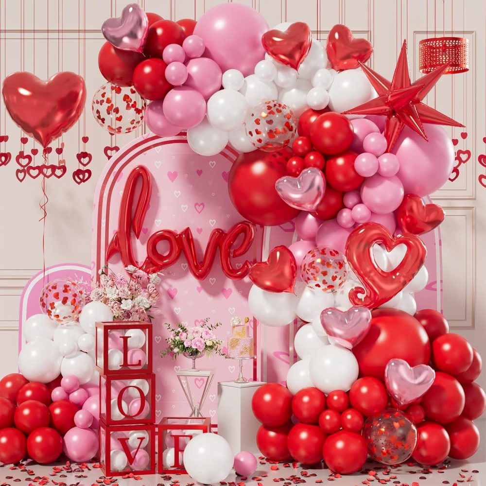 156pcs Valentines Day Balloon Garland Arch Kit with Pink White Red Confetti Heart Balloons Love Foil Balloons Explosion Star Balloons Rose Petals for Anniversary Wedding Romantic Decorations Supplies - Image 6