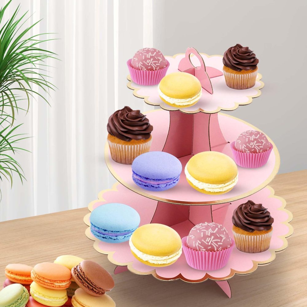 HEIHAK 6 Pack 3 Tier Cardboard Cupcake Stand, Pink and Blue Round Dessert Tower Cupcake Holder for Afternoon Tea, Birthday and Wedding - Image 2