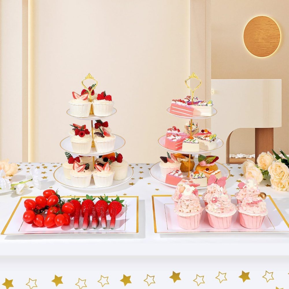 Junw 8PCS Cake Stand Set, Plastic Cupcake Stands with Gold Rim, Dessert Display Stands Set for Wedding Birthday Party Baby ShowerTea Party - Image 7