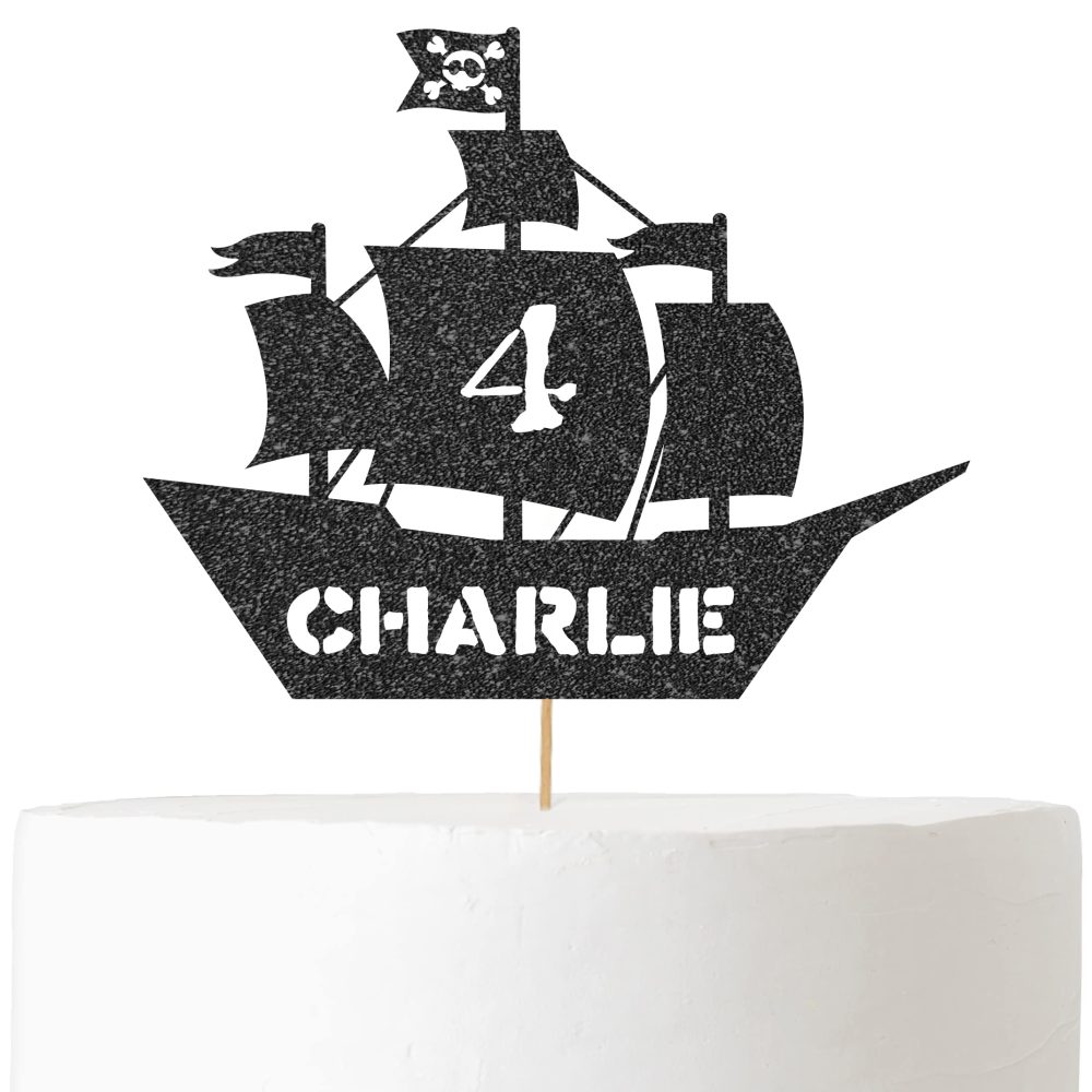 Personalised Birthday Glitter Cake Topper by Cakeshop | Custom Colour Any Name & Any Age Pirate Ship Cake Decoration for 1st 2nd 3rd 4th 5th 6th 7th 8th 9th 10th 16th 18th | Black - Image 2