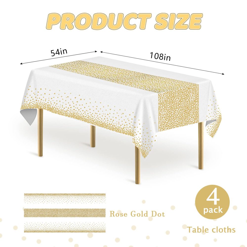 MOKANI Plastic Disposable Tablecloths, 4 Pack Party Table Cover, White and Gold Dot Confetti Rectangular Table Cloths for Parties, Picnic, Christmas, Birthday Baby Shower Decorations 54" x 108" - Image 7