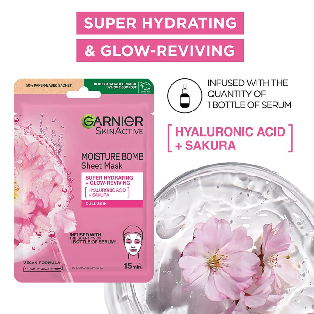 Garnier Sheet Mask Discovery Collection, Face & Eye Sheet Masks for Dehydrated, Dull and Tired Skin, With Hyaluronic Acid and Glycerine, Skin Active, Pack of 5 - Image 8