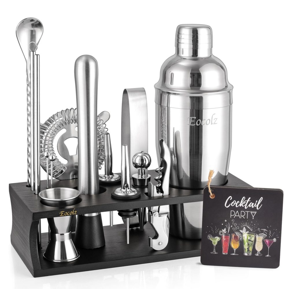 Cocktail Shaker Set Bartender Kit with Stand Bar Tool Bar Set for Drink Mixing Home Bartending Kit Bar Cart Accessories: Martini Shaker Mixer Spoon Jigger Muddler Strainer Gifts (Black Silver - 17)