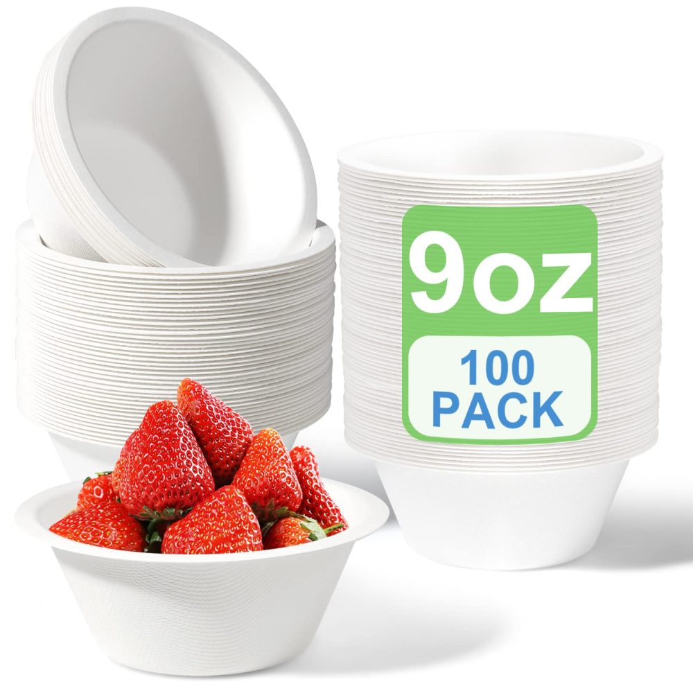 GREENESAGE 100 Pack Paper Bowls Disposable Bowls 9oz - Eco-Friendly, Sugarcane Strong White Bowls 100% Biodegradable and Compostable Soup Bowls for Party BBQ Picnic