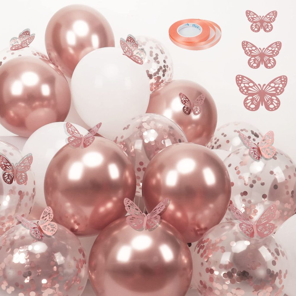 Rose Gold Balloons and Butterfly Stickers Set, 30 PCS 12 Inch Confetti Balloons, White and Rose Gold Balloons with 12 PCS Rose Gold Butterfly Stickers for Wedding, Birthday, Party Decorations