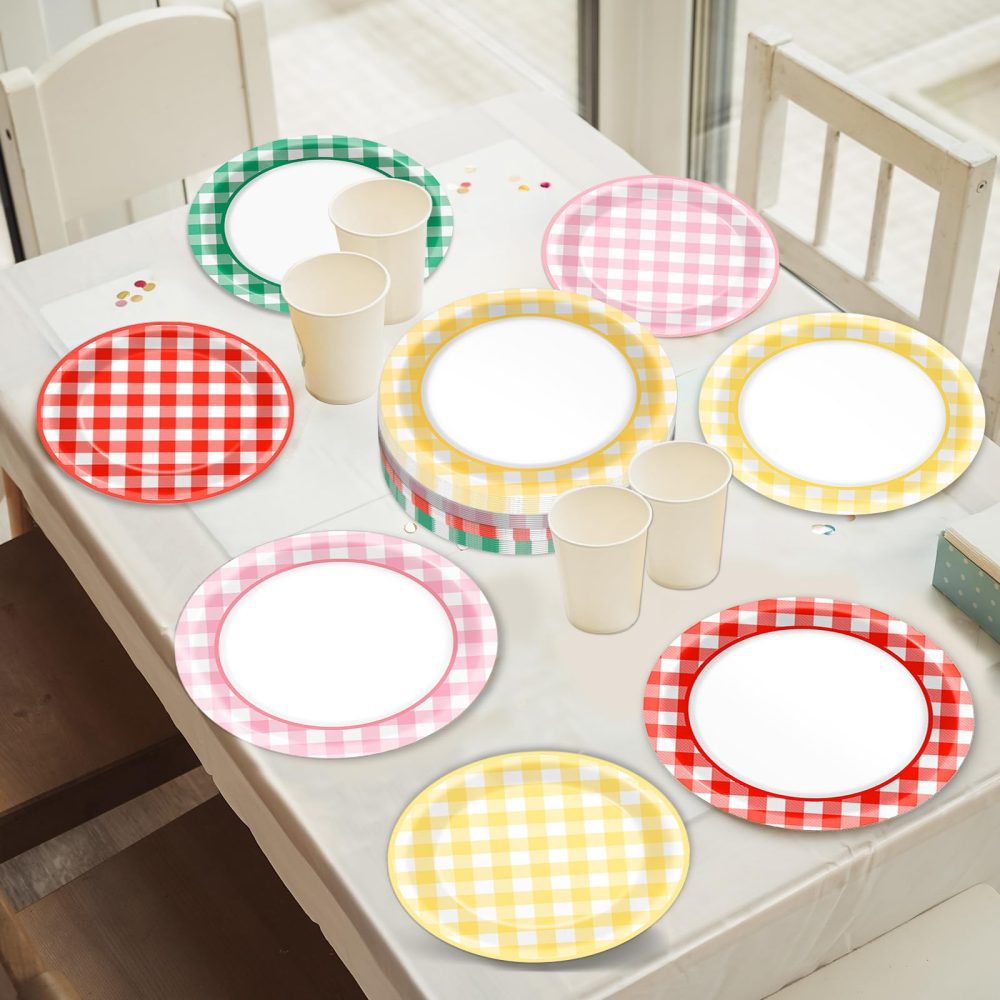 ojustbeok 48 Pcs Camp Gingham Paper Plates Gingham Checkered Bachelorette Party Supplies Glamping Birthday Dinner Plates Summer Bridal Shower Decorations Camping Themed Party Favors Baby Shower - Image 5