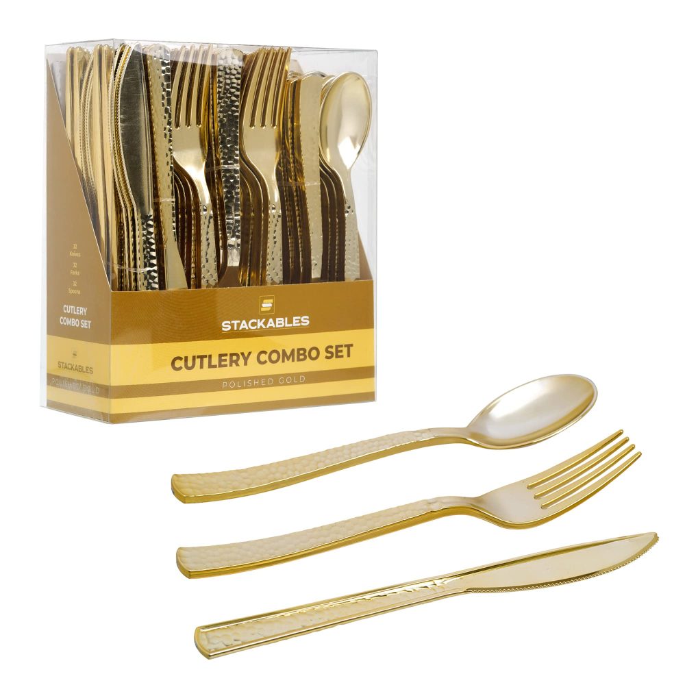 STACKABLES ~ 96 Piece Polished Gold Plastic Cutlery Set ~ Plastic Spoons Forks & Knives 32 of Each ~ Reusable Elegant Party Flatware