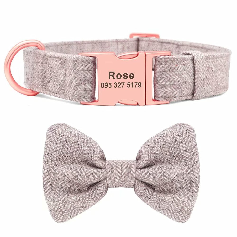 PET ARTIST Soft & Comfy Bowtie Dog Collar with Rose Gold Buckle - Personalized Dog Collar Girl with Name Plate Engraved - Adjustable Dog Collars Pet Gift for Small Medium Large Dogs,Brown,S