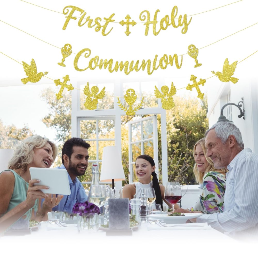 3 First Holy Communion Decorations banner,Confirmation Banners Baptism Decoration Christening for Boys Girls Bunting Gifts,Personalised Gold Frist Communion Paper Banne,for Balloons Cake Party Decor - Image 5