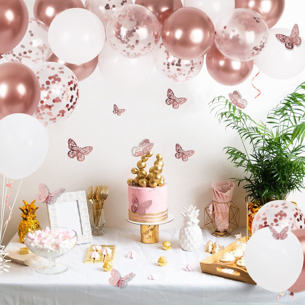 Rose Gold Balloons and Butterfly Stickers Set, 30 PCS 12 Inch Confetti Balloons, White and Rose Gold Balloons with 12 PCS Rose Gold Butterfly Stickers for Wedding, Birthday, Party Decorations - Image 5