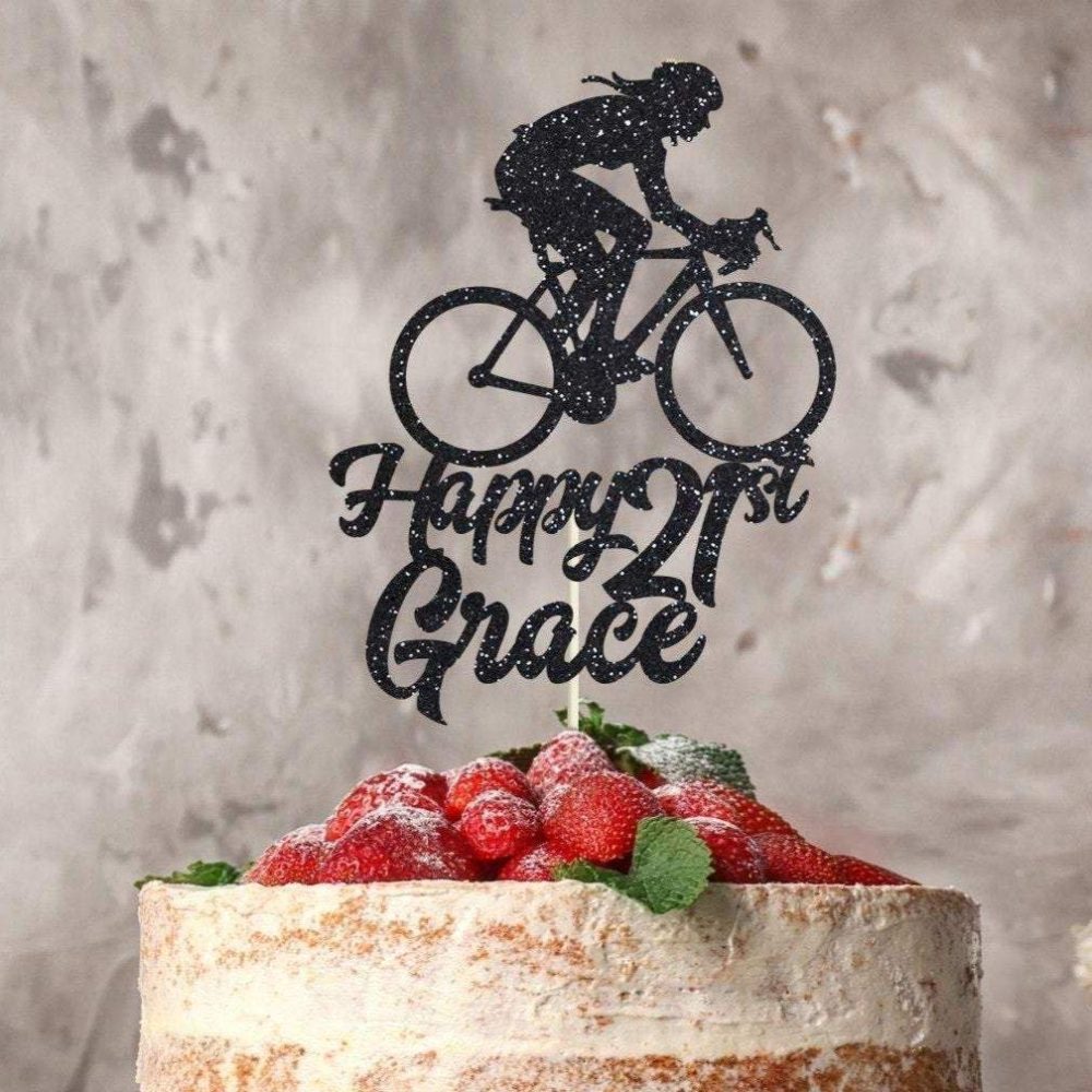 Pomchick, Personalised Cyclist Name and Age Glitter Cake Topper, Approx. 6”, Gold Silver Black +6 Available Colours, Cycling Bicycle Bike Theme Birthday Party Decoration - Image 4