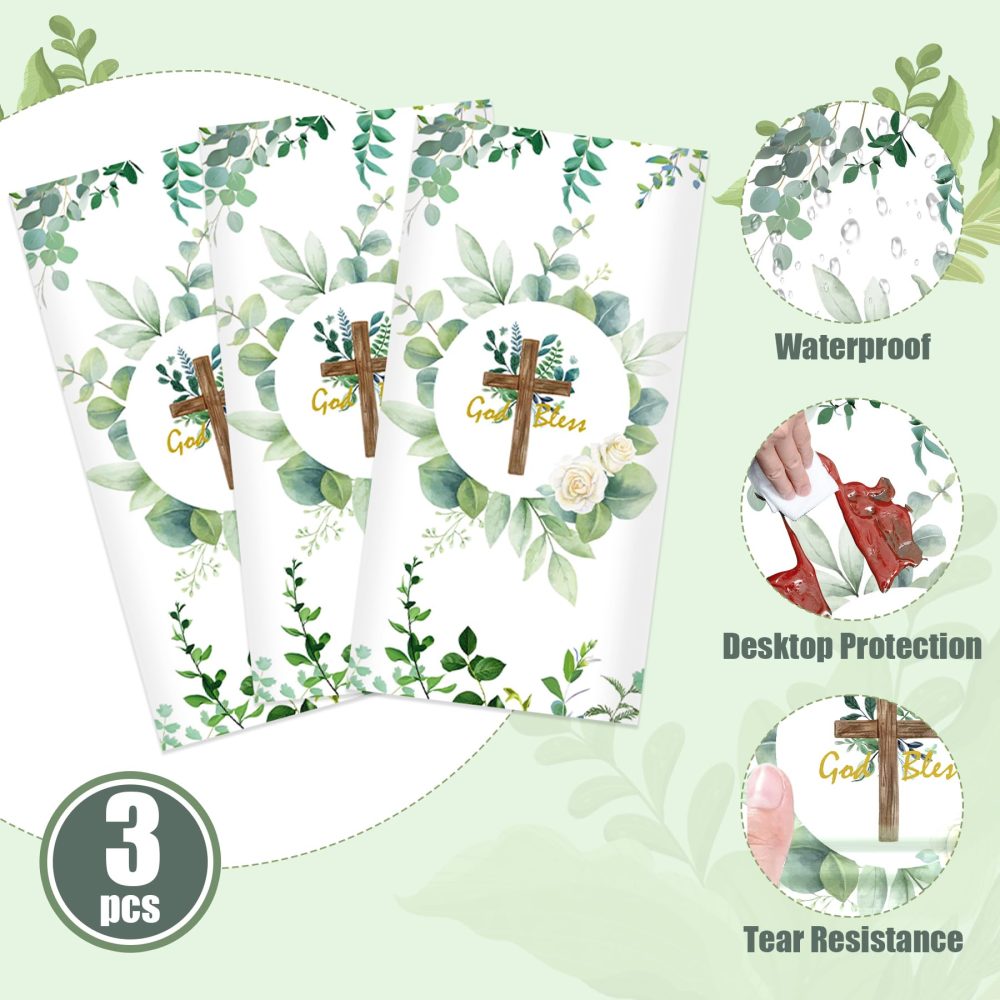 Lianxuia 3Pcs God Bless Baptism Tablecloth, 54 x 108 Inch Eucalyptus Leaf Cross Religious Table Cover, Sage Green Plastic Tablecloth for Baby Showers, First Communion Decorations - Image 5