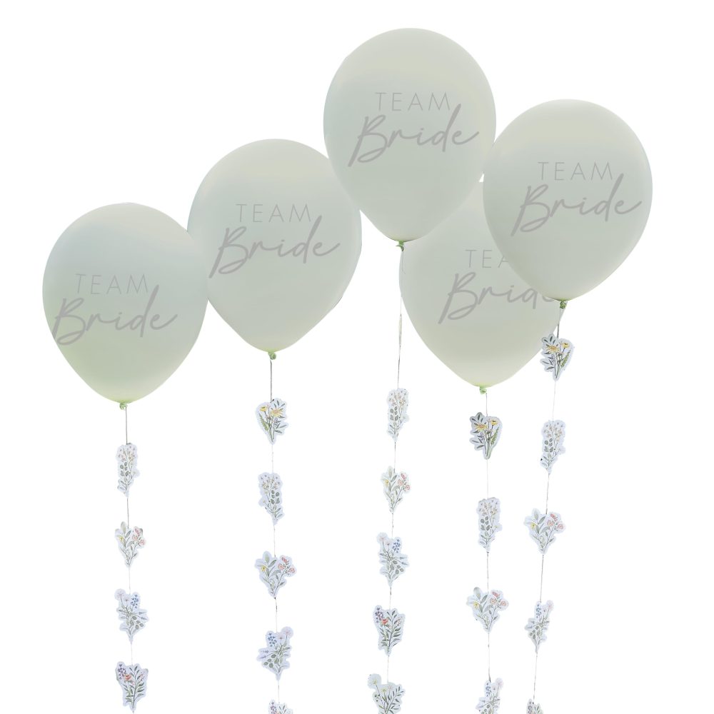 Ginger Ray Team Bride Light Green Latex Balloons with Paper Floral Tails Hen Party Decorations 5 Pack - Image 4