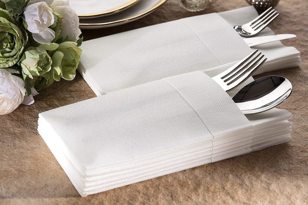 JEBBLAS Disposable Cloth Like Napkins Built-in Flatware Pocket,Wedding Party Linen Feel White Napkin, Prefolded for Silverware,100 Count - Image 5