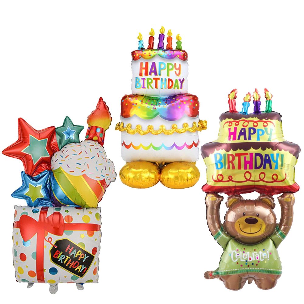 Standing Happy Birthday Balloons Decorations - 3 Pcs Freestanding Decor Printed Chrome Colorful Foil Balloons Helium for Animal Themed Girls Boys Party Supplies