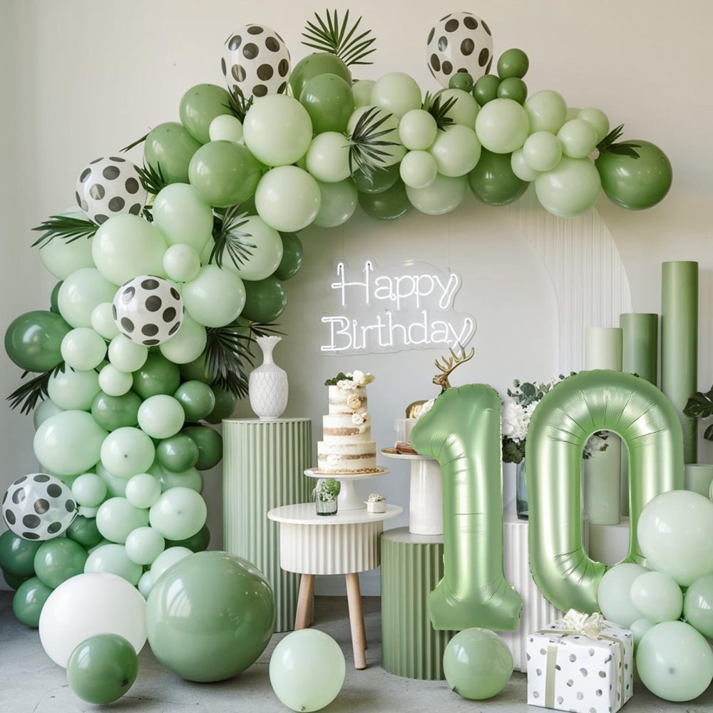 Sage Green Number 10 Balloons, Green 10 Number Balloons, 10th Number Balloons, Olive Green Cream Wihle Foil Star Heart Balloons With Long Balloons For 10th Birthday Party 1st Baby Shower Decorations - Image 4