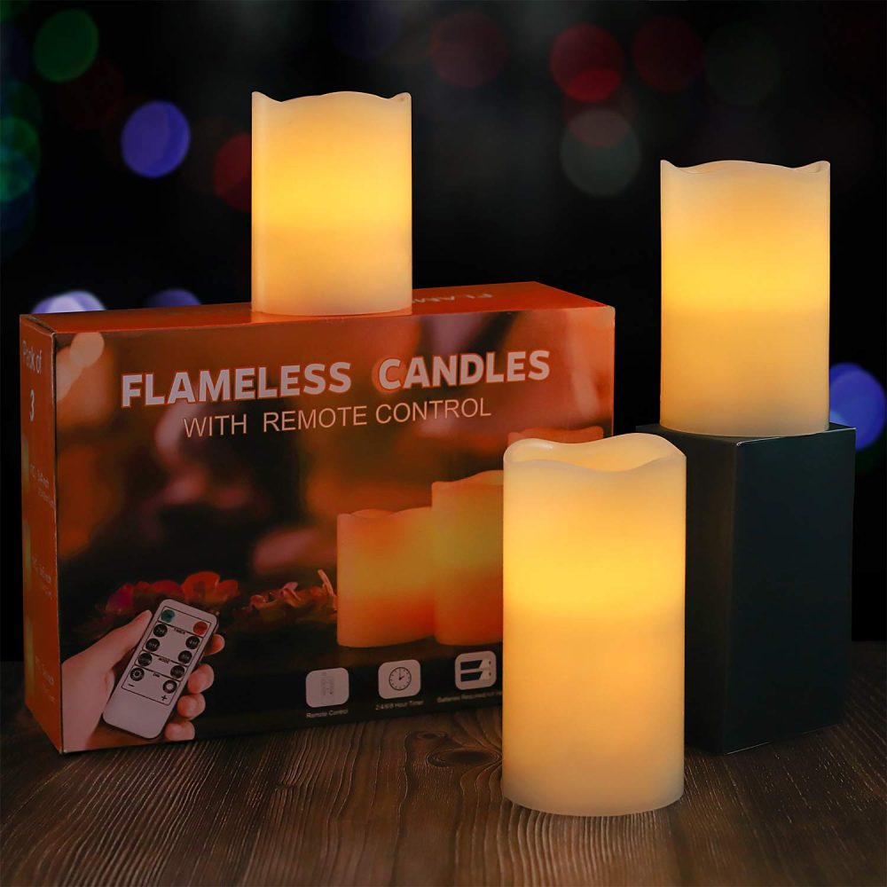 Flameless Battery Operated LED Candles:Real Wax Pillar with Remote Control Flickering Electric Fake Lights for Decoration Christmas Wedding Birthday Party Outdoor Votive Diwali Garden(Set of 3 Ivory) - Image 4