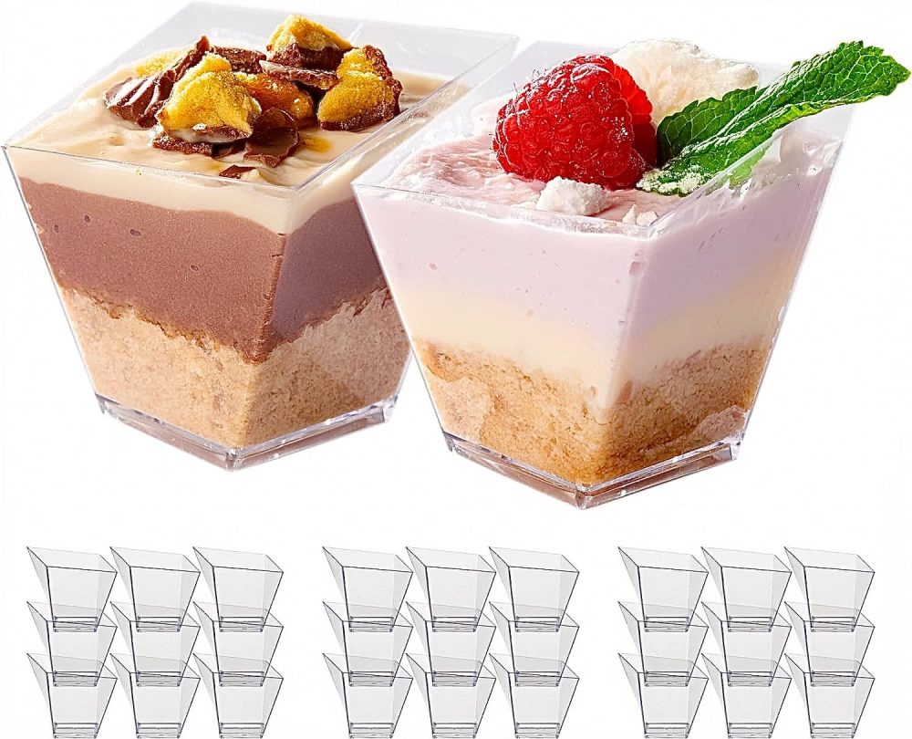 MATANA 100 Mini Square Hard Plastic Dessert Cups for Parties (Trapezoid 70ml) - Reusable Individual Dessert Pots for Cheesecake, Jelly, Puddings, Mousse, Tiramisu, Trifles