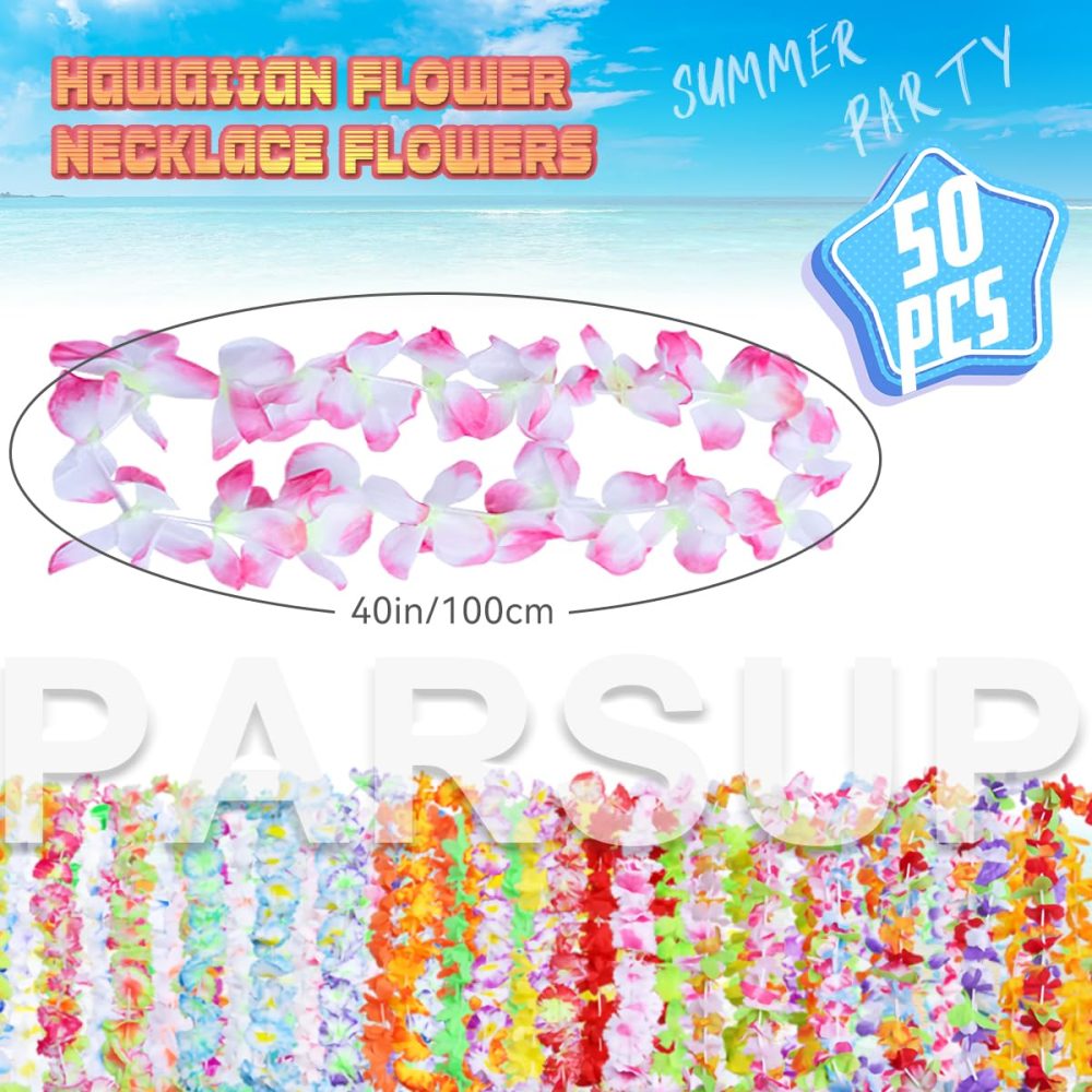 50 Pieces Hawaiian Leis Party Decorations, 50 Styles Hawaiian Leis Bulk Hawaiian Flower Necklace for Tropical Hawaiian Party Theme Beach Party Supplies Hawaiian Night Bar Luau Aloha Beach Vacation - Image 7