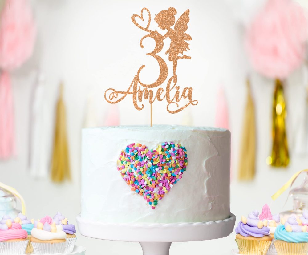 Personalised Birthday Glitter Cake Topper by Cakeshop | Custom Colour Any Name & Any Age Fairy Cake Decoration for 1st 2nd 3rd 4th 5th 6th 7th 8th 9th 10th 16th 18th | Baby Pink - Image 3