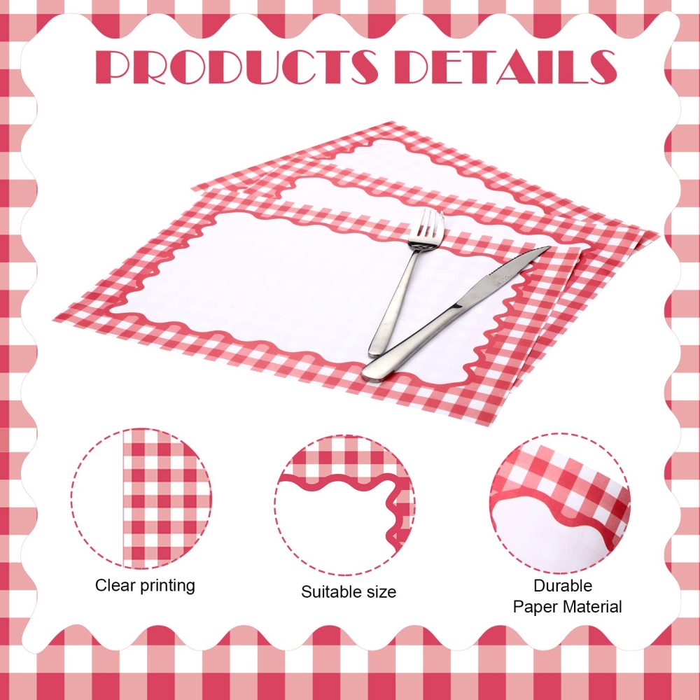 50 Disposable Red Gingham Paper Placemats Summer Checkered Picnic BBQ Paper Table Place Mat Double Sided for Baby Showers Weddings Birthday Tea Parties Dinner Table Setting Decorations - Image 6