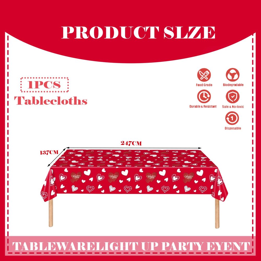 COSORO 137 * 274cm Valentines Day Tablecloths Party,Valentines Table Cloth Plastic Red Heart Rectangle Waterproof Table Cover for Valentine's Day Decorations Birthday Wedding Anniversary Party Decor - Image 7