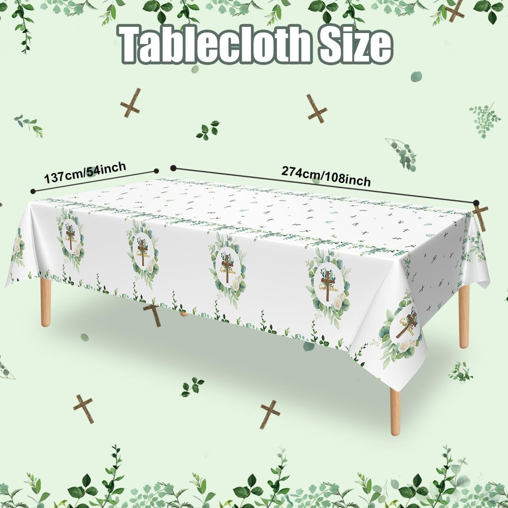 Lianxuia 3Pcs God Bless Baptism Tablecloth, 54 x 108 Inch Eucalyptus Leaf Cross Religious Table Cover, Sage Green Plastic Tablecloth for Baby Showers, First Communion Decorations - Image 6