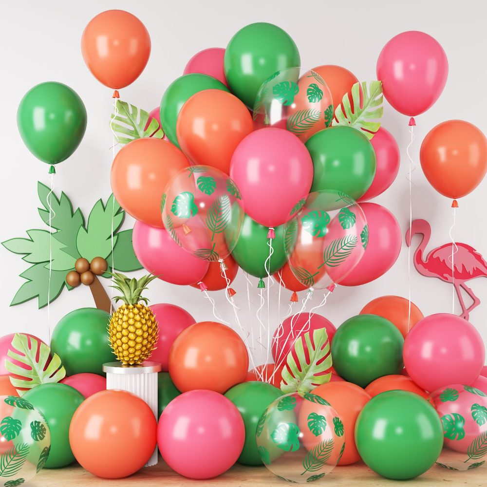 Tropical Balloons Pink Green Rose Balloons for Flamingo Hawaiian Luau Party Decorations Summer Aloha Birthday Decor with Tropical Leaf Printed Balloon 12INCH Pink Green Helium Latex Balloons for Arch