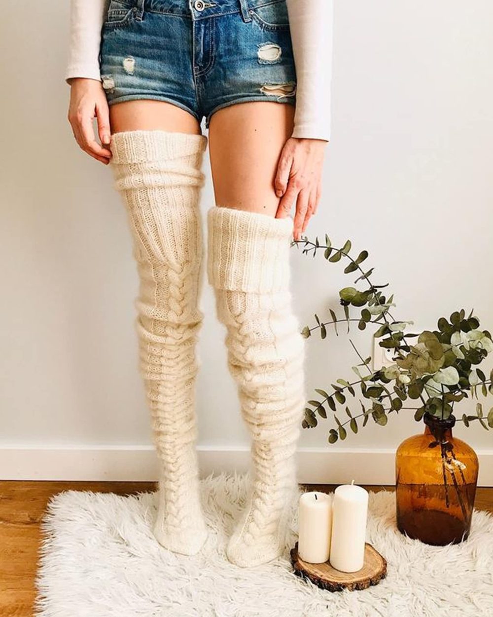 Acrawnni Womens Girls Winter Cable Knit Over Knee Socks Thigh High Long Boot Socks Stocking Leg Warmer B-Creamy-White - Image 5