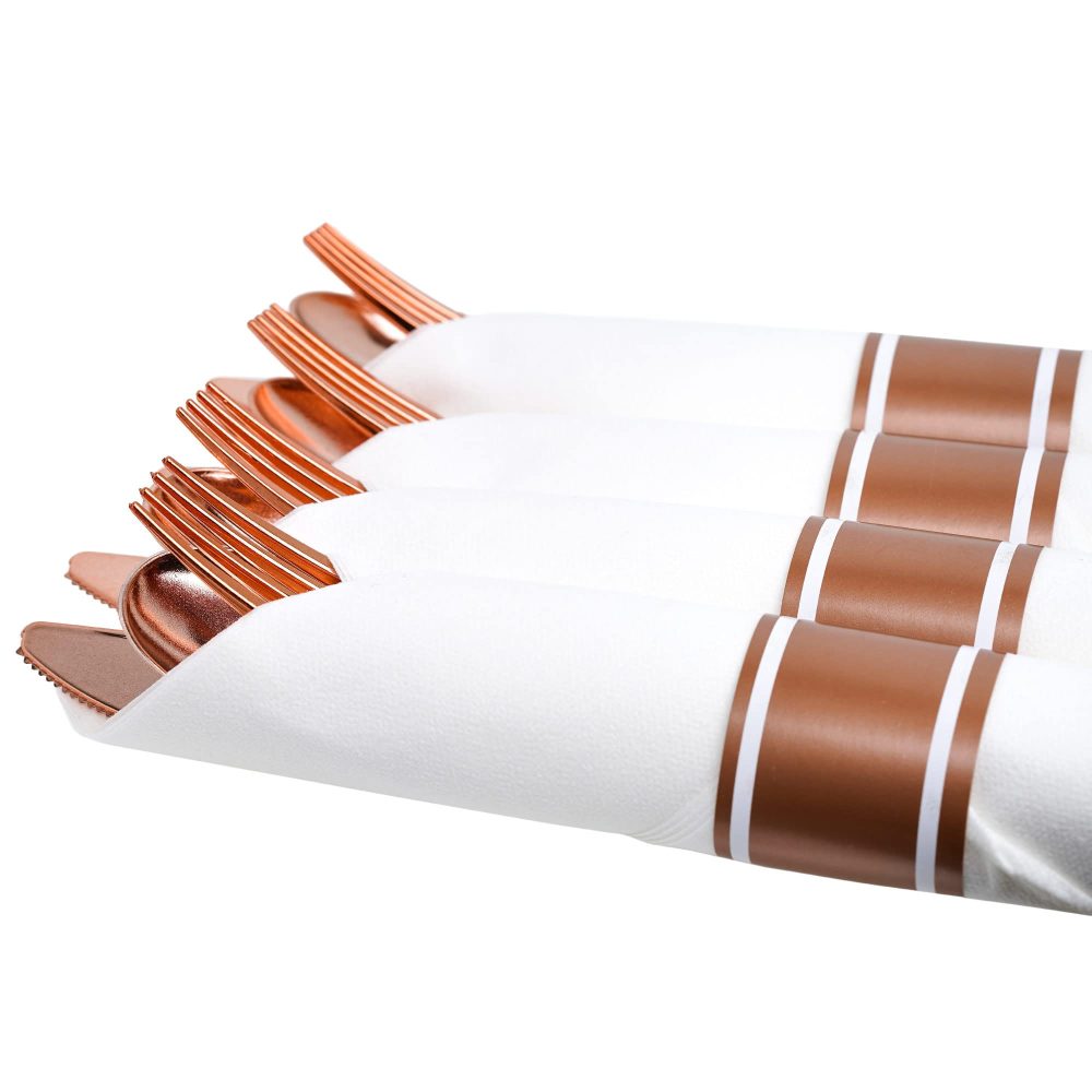 STACKABLES ~ 10 Pack Cutlery Sets ~ Elegant Plastic Silverware Set with Spoon Fork Knife Wrapped in White Napkin Reusable Flatware (Rose Gold) - Image 2