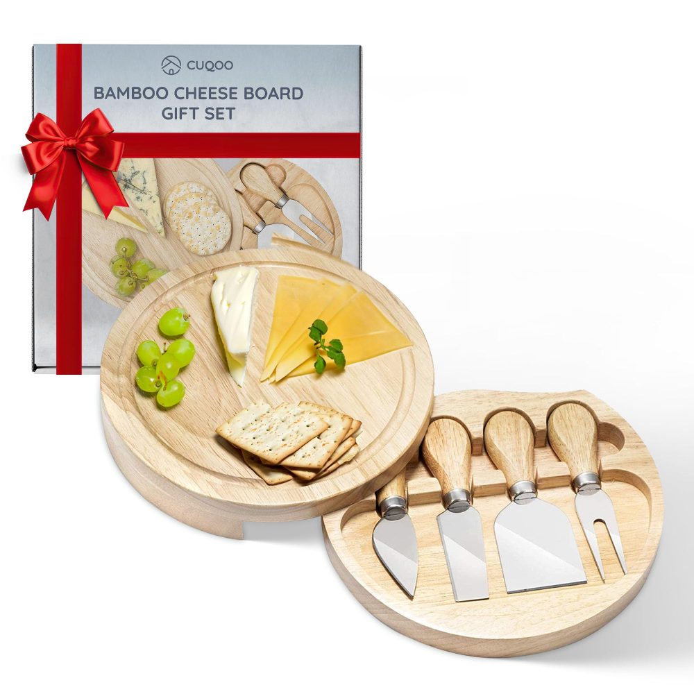 CUQOO Bamboo Cheese Board Set – Charcuterie Board with 3 Stainless Steel Knives & Fork, Serving Platter with Compartment for Meats, Cheese, and Fruits | Perfect for Parties & Gifts