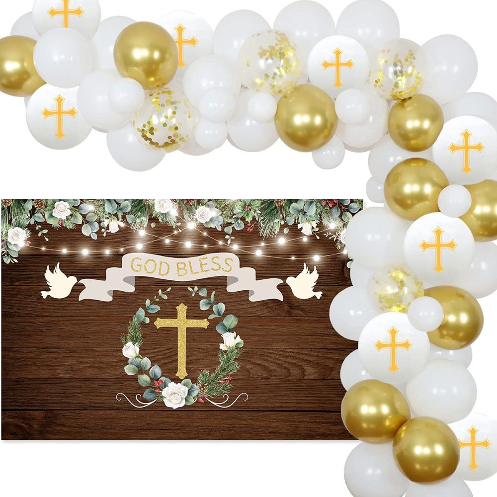 Baptism Party Decorations White and Gold First Holy Communion Decorations for Boys Girls Balloon Garland Kit with Rustic Wood Backdrop, God Bless Christening Decorations for Party - Image 2